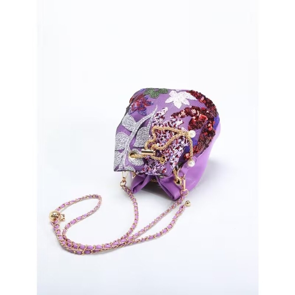Floral Sequin Bucket Bag Gold Chain Bird Motif Crossbody - Picture 6 of 9